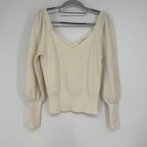 Anthropologie Cream Knit Puff Sleeve V-Neck Sweater Top Size S Romantic Ballet